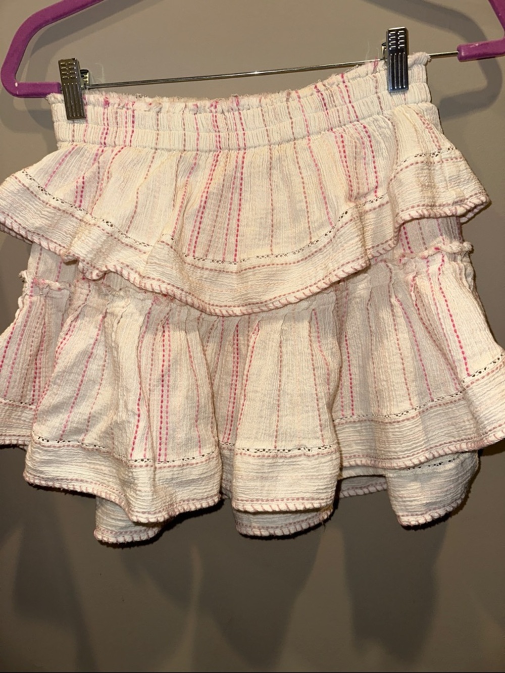 LoveShackFancy Cream Tiered Skirt with Pink Stripes